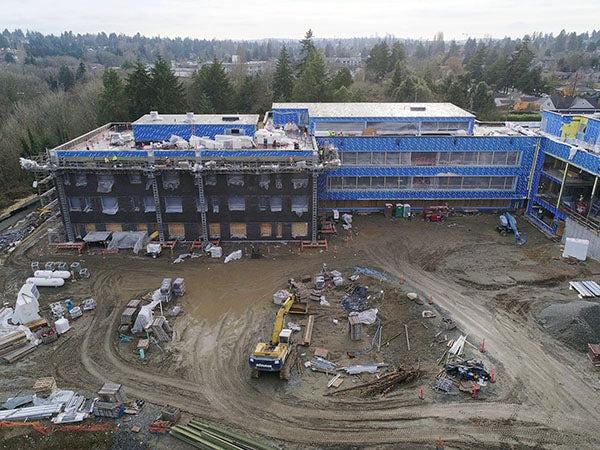 aerial view of a very large building under construction