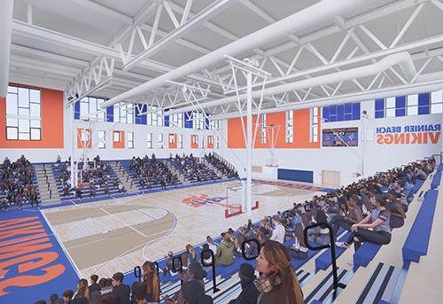 drawing of a gym with bleachers and orange and blue accents